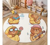 Tapis Rond 120 Cm Capybara Dessin Animé Salon Chambre Rug Lavable en Machine Tapis Chambre Adulte Doux Motifs d'animaux Mignons Descente De Lit Antidérapant Decoration Chambrel Mangerded Blanc