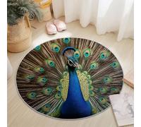 Tapis Rond 120 Cm - Exotique Paon Plumes Bleu, Microfibre Douce, Lavable, Décoration De Sol Rétro pour Salon Bureau Entrée Entrée/Hall D’Entrée