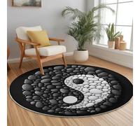 Tapis Rond 120 cm Galets Zen Forme Tai Chi Thème Tapis de Salon Lavable en Machine Chambre d'enfant Doux Descente de Lit AntidéRapant Decoration Chambrel Mangerded, Noir Blanc