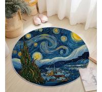 Tapis Rond 120 Cm Impressionnisme Étoiles Maisons Bleu Foncé - Antidérapant Et Doux - Carpette Lavable pour Décoration D'Intérieur, Salon, Entrée Et Bureau - Poils Ras