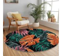Tapis Rond 120 cm pour Chambre à Coucher Salle à Manger Chambre d'enfant, Illustration Plante Feuille De Palmier Flanelle Rond Tapis Doux Résistant, Vert Orange Lavable Antidérapant
