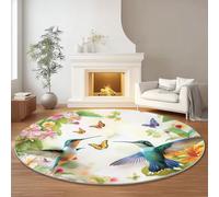 Tapis Rond 120 cm pour Chambre à Coucher Salle à Manger Chambre d'enfant, Rêve Fleurs Oiseaux Flanelle Rond Tapis Doux Résistant, Rose Vert Lavable Antidérapant
