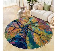 Tapis Rond 120 Cm, Tapis Arbre Feuilles Éclatantes Peinture L'Huile Abstraite Lavable Machine Pour Salon - Antidérapant Moquette Chaleureux Guérisseur Pour Salle Manger Chambre Nurserie, Orange-Vert