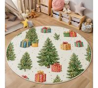 Tapis Rond 120cm pour Salon Coffret Cadeau Sapin Noël Tapis à Poils Courts Forêt Pins À L'Aquarelle Lavable en Machine, Antidérapant pour Chambre à Coucher, Salle D'étude Et Chambres d'enfants, Vert