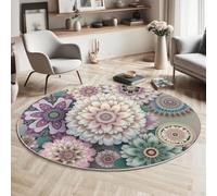 Tapis Rond 120cm Violet Salon Chambre Rug Lavable en Machine Tapis Chambre Adulte Doux Mandala Wind Fleurs Roses Descente de Lit AntidéRapant Decoration Chambrel