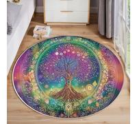 Tapis Rond 120cm Violet-Vert Salon Chambre Rug Lavable en Machine Tapis Chambre Adulte Doux Mandala Wind Arbres fantastiques Descente de Lit AntidéRapant Decoration Chambrel