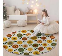 Tapis Rond 140 cm - Lavable en Machine - Coloré Tapis de Sol antidérapant et Doux - Motif Rétro Mignon Fleurs Tournesol - pour Chambre à Coucher, Salle à Manger Chambre d'enfant
