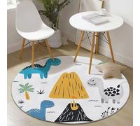 Tapis Rond 150 cm, Blanc Tapis de Salon Lavable en Mignon Dinosaure Volcan modèle, Descente de lit Douce et antidérapante pour Chambre, pour décoration intérieure, Salle à Manger