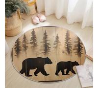 Tapis Rond 150 Cm Campagne Ours Brun Pins Noir - Ultra-Doux en Laine Fine Et Polyester, Antidérapant, Facile À Nettoyer, Résistant À L’Usure, Design Élégant Et Durable