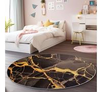 Tapis Rond 150 cm Flanelle Douce Tapis, Abstrait Veines d'or Marbre Circulaire Salon Chambre Imprimé Antidérapant Intérieur Tapis de Décoration, Noir