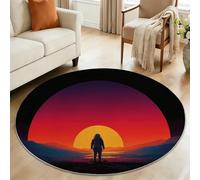 Tapis Rond 150 cm Lavable Machine, Tapis Vintage Futuriste Fantaisie Astronaute Espace à Poils de Sol Antidérapant Orange pour Bureau Chambre De Garçon Home Cinéma Décoration