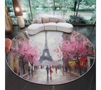 Tapis Rond 150 cm (Round) Lavable Machine, Moquette Antidérapante Art des paysages urbains Doux pour Salon, Chambre Cuisine,Bureau Rose