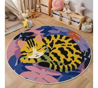 Tapis Rond 150cm, Lavable en Machine pour Salon Dessins Animés Animaux De Compagnie Tapis de Décoration Jaune Antidérapant Imprimé Chats Fougères, pour Intérieur Chambre Cuisine Couloir Entrée