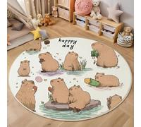 Tapis Rond 160 Cm Blanc Salon Chambre Rug Lavable en Machine Tapis Chambre Adulte Doux Capybara Dessin Animé Animaux Mignons Descente De Lit Antidérapant Decoration Chambrel Mangerded