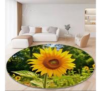 Tapis Rond 160 cm, Gros Plan Tournesol Champ Motif - Confectionné en Flanelle Et Polyester, Confortable Lavable Anti-Dérapant Résistant À La Décoloration Coloré Tapis Et Usage Quotidien