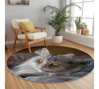 Tapis Rond 160 cm pour Chambre à Coucher Salle à Manger Chambre d'enfant, Animal Chat Gros Plan Flanelle Rond Tapis Doux Résistant, Gris Lavable Antidérapant