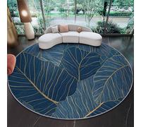 Tapis Rond 160 cm pour Salon, Motifs Abstrait Feuille de bananier Textures, Lavable en Machine, Antidérapant, Tapis Imprimé Bleu foncé Or pour Salle à Manger Chambre d’Enfant Nurserie