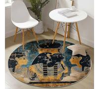 Tapis Rond 160 cm, Rétro Dieu De L'Égypte Ancienne Tapis de Sol à Poils Courts Antidérapant Bleu Gris, pour Chambre Cuisine Balcon Terrasse Salon Salle à Manger Intérieur Extérieur