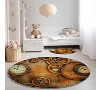 Tapis Rond 160 cm Salon Steampunk Rétro, Tapis de Sol Décoration Antidérapant pour Salon Chambre Cuisine Balcon Terrasse Salle à Manger Intérieur, Brun Foncé