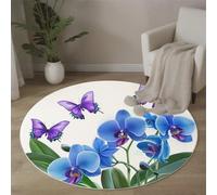 Tapis Rond 160 Cm, Tapis Orchidées Et Papillons Lavable en Machine pour Salon, Antidérapant Moquette Imprimé Floral pour Salle À Manger, Chambre D’Enfant, Nurserie Blanc