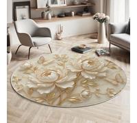 Tapis Rond 160 Cm, Tapis Relief De Rose Rococo Motifs Botaniques Luxueux Lavable Machine Pour Salon - Antidérapant Moquette Chaleureux Guérisseur Pour Salle Manger Chambre Nurserie, Beige Blanc
