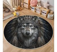 Tapis Rond 160cm, Lavable en Machine pour Salon Style Indien Tapis de Décoration Gris Antidérapant Imprimé Animaux Sauvages Loups Plumes, pour Intérieur Chambre Cuisine Couloir Entrée