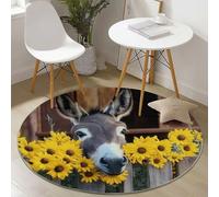 Tapis Rond 180 cm, Âne Clôture en Bois Tournesol Tapis de Sol à Poils Courts Antidérapant Brun, pour Chambre Cuisine Balcon Terrasse Salon Salle à Manger Intérieur Extérieur