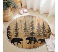 Tapis Rond 180 Cm Campagne Ours Brun Pins - Confectionné en Flanelle Et Polyester, Confortable, Lavable, Anti-Dérapant, Résistant À La Décoloration Et Usage Quotidien Noir