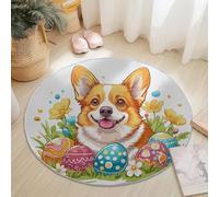 Tapis Rond 180 cm, Mignon Corgi Fleurs Tapis de Sol à Poils Courts Antidérapant Blanc, pour Chambre Cuisine Balcon Terrasse Salon Salle à Manger Intérieur Extérieur