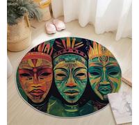 Tapis Rond 180 cm, Mystérieux Tribu Africaine Masque Tapis de Sol à Poils Courts Antidérapant Noir, pour Chambre Cuisine Balcon Terrasse Salon Salle à Manger Intérieur Extérieur