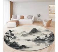 Tapis Rond 180 Cm Oriental Paysage Pins - Confectionné en Flanelle Et Polyester, Confortable, Lavable, Anti-Dérapant, Résistant À La Décoloration Et Usage Quotidien Noir