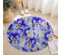 Tapis Rond 180 Cm Plantes Fleurs Pensées Bleu - Tapis Chambre avec Bords Cousus, Antidérapant Chambre, Lavable De Salon Convient pour Chambre Cuisine Balcon Salon
