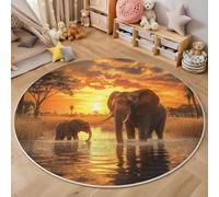 Tapis Rond 180cm, Animaux Sauvages Réalistes Lavable Antidérapant Pliable Orange Tapis, Doux et Moelleux Éléphant Coucher De Soleil Imprimé Carpette pour Salon Chambre Chambre d'enfant Salle à Manger