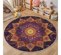 Tapis Rond 180cm, Fantaisie Kaléidoscope Fleurs Imprimé Décoration Antidérapant Or Mystérieux Art Déco Tapis de Sol, pour Salon Chambre Cuisine Balcon Terrasse Salle à Manger - Facile À Nettoyer