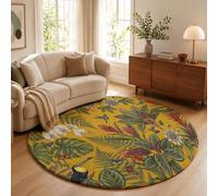 Tapis Rond 200cm Tapis à Poils Courts Toucan Monstera Deliciosa Passiflore Antidérapant Moquette Descente de Lit Plantes Tropicales Rétro pour Chambre à Coucher, Salle à Manger, Dortoir, Jaune Vif