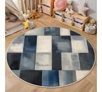 Tapis Rond,3D Blocs Rectangulaires Tapis De Sol Antidérapant Lavable,Géométrie Abstraite Moquette pour Salon Salle De Bain Cuisine Chambre des Enfants Balcon Décoration,Gris Bleu,120Cm