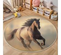 Tapis Rond 3D Brun Cheval Au Galop Cuisine Salle De Bain Entrée Porte Photographier des Animaux Motif Carpet Salon Décor À La Maison Garçon Filles Enfants Chambre Anti-Dérapant Rug,180Cm