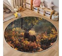 Tapis Rond,3D Cerf De Brousse Tapis De Sol Antidérapant Lavable,Plantes d'automne Moquette pour Salon Salle De Bain Cuisine Chambre des Enfants Balcon Décoration,Brun Orangé,180Cm