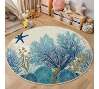 Tapis Rond,3D Corail Étoile De Mer Tapis De Sol Antidérapant Lavable,Paysage Océanique Moquette pour Salon Salle De Bain Cuisine Chambre des Enfants Balcon Décoration,Bleu Et Blanc,100Cm