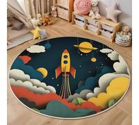 Tapis Rond,3D Fusée Cloud Tapis De Sol Antidérapant Lavable,Art De Bande Dessinée Moquette pour Salon Salle De Bain Cuisine Chambre des Enfants Balcon Décoration,Bleu-Vert,140Cm