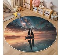 Tapis Rond,3D Lac du Lever du Soleil Tapis De Sol Antidérapant Lavable,Paysage De Rêve Moquette pour Salon Salle De Bain Cuisine Chambre des Enfants Balcon Décoration,Bleu Orange,100Cm