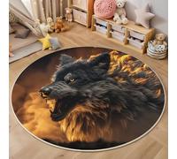 Tapis Rond,3D Loup De Flamme Tapis De Sol Antidérapant Lavable,Animaux Fantastiques Moquette pour Salon Salle De Bain Cuisine Chambre des Enfants Balcon Décoration,Jaune Grisâtre,180Cm