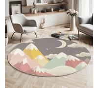 Tapis Rond, 3D Lune Montagne Enneigée Tapis De Sol Antidérapant Lavable, Mignon Rêveur Intéressant Moquette pour Salon Chambre des Enfants Balcon Décoration, Rose Gris, 80cm