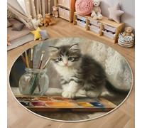 Tapis Rond 3D Noir Et Blanc Paint Cat Cuisine Salle De Bain Entrée Porte Peinture À l'huile d'animaux Motif Carpet Salon Décor À La Maison Garçon Filles Enfants Chambre Anti-Dérapant Rug,160Cm