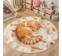 Tapis Rond 3D Orange-Blanc Chat Tasse De Café Cuisine Salle De Bain Entrée Porte Animaux De Bohême Motif Carpet Salon Décor À La Maison Garçon Filles Enfants Chambre Anti-Dérapant Rug,120Cm