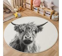 Tapis Rond,3D Personnalité du Bétail des Highlands Tapis De Sol Antidérapant Lavable,Portrait Animalier Moquette pour Salon Salle Bain Cuisine Chambre des Enfants Balcon Décoration,Blanc Cassé,140Cm