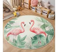 Tapis Rond 3D Rouge Vert Flamant Rose De La Jungle Cuisine Salle De Bain Entrée Porte Animaux Tropicaux Motif Carpet Salon Décor À La Maison Garçon Filles Enfants Chambre Anti-Dérapant Rug,100Cm