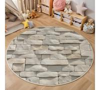 Tapis Rond,3D Texture De Mur en Pierre Tapis De Sol Antidérapant Lavable,Art Moderne Moquette pour Salon Salle De Bain Cuisine Chambre des Enfants Balcon Décoration,Blanc Cassé,100Cm