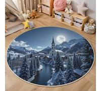 Tapis Rond,3D Village Forestier Tapis De Sol Antidérapant Lavable,Paysage d'hiver Moquette pour Salon Salle De Bain Cuisine Chambre des Enfants Balcon Décoration,Bleu Et Blanc,140Cm