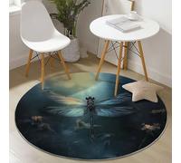 Tapis Rond 60 cm Bleu Gris Tapis de Salon Lavable en Machine Tapis Mystérieux Libellule Fleurs Chambre Doux Descente de Lit AntidéRapant Decoration Chambrel Mangerded